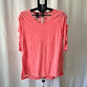 Lulu-B Cutout 3/4 Sleeve Textured Print Sheer Back Top Sz S